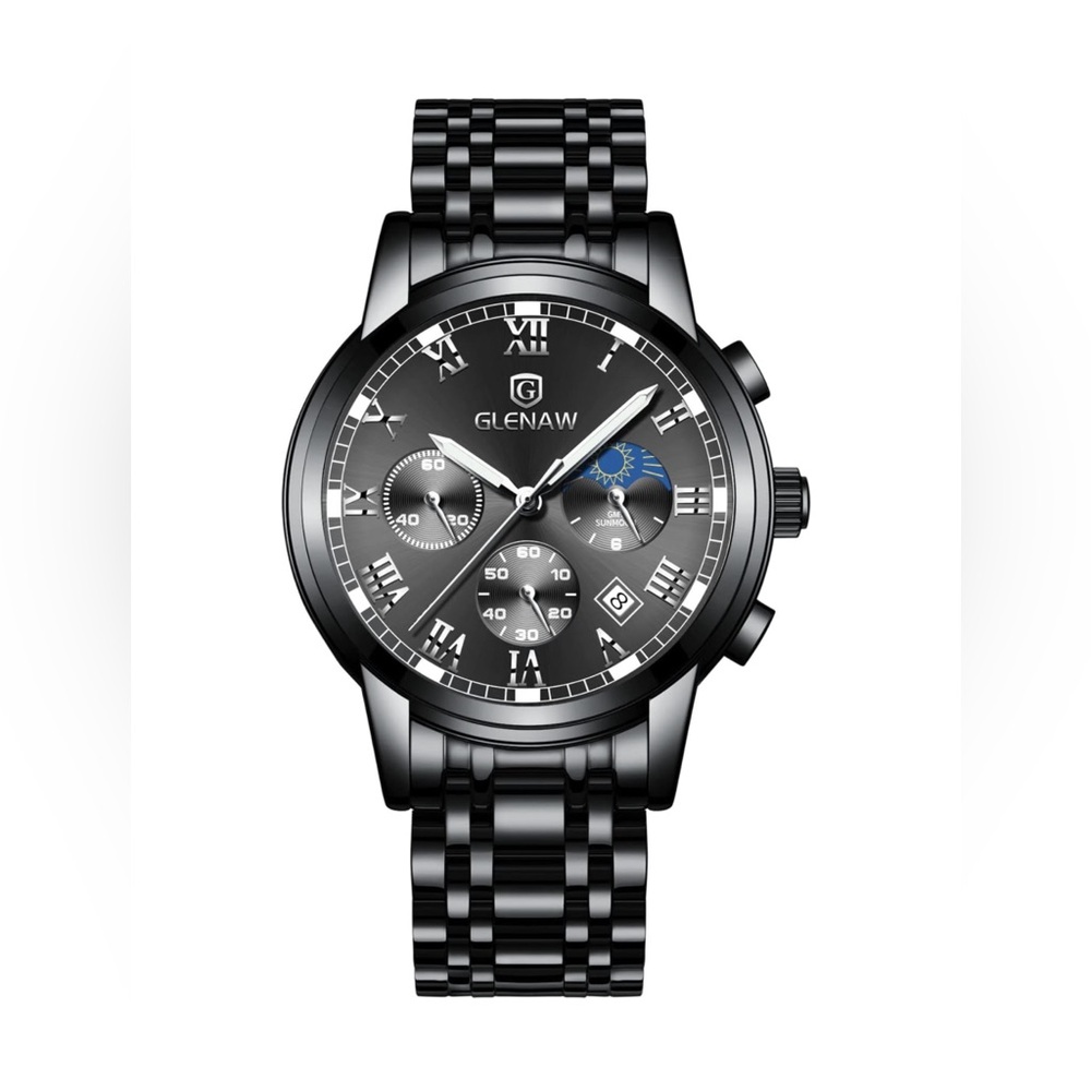 GLENAW Mens Watch Chronograph Quartz Stainless Steel Depth Waterproof Business